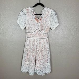 Skies Are Blue NWT White Lace, Nude Lined Fit Flare Dress Cocktail Wedding  XS